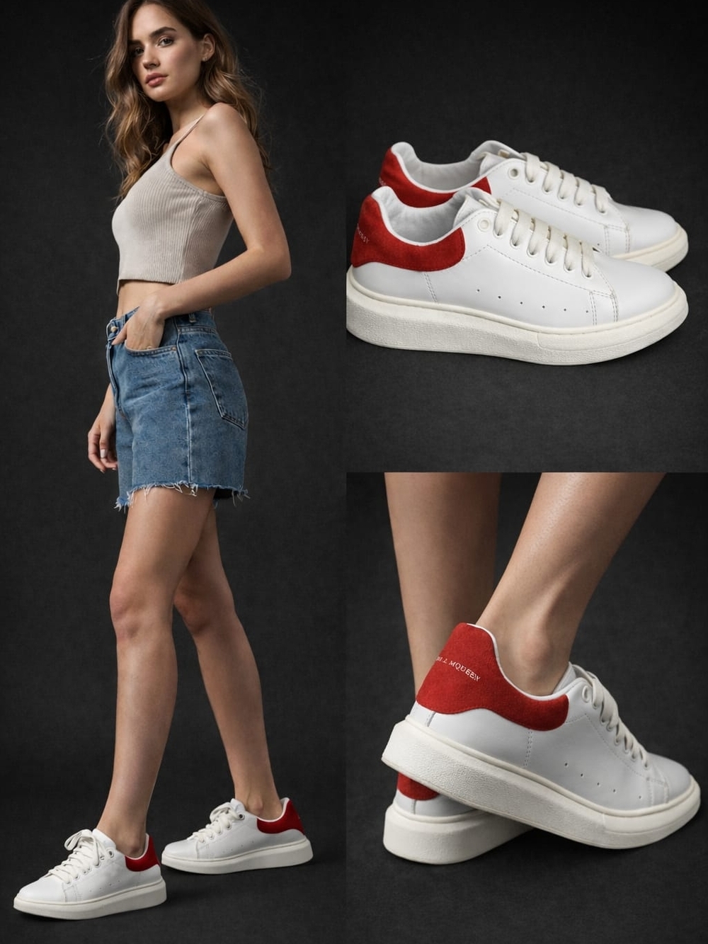 Alexander McQueen White Leather Sneakers with Red Heel Tab